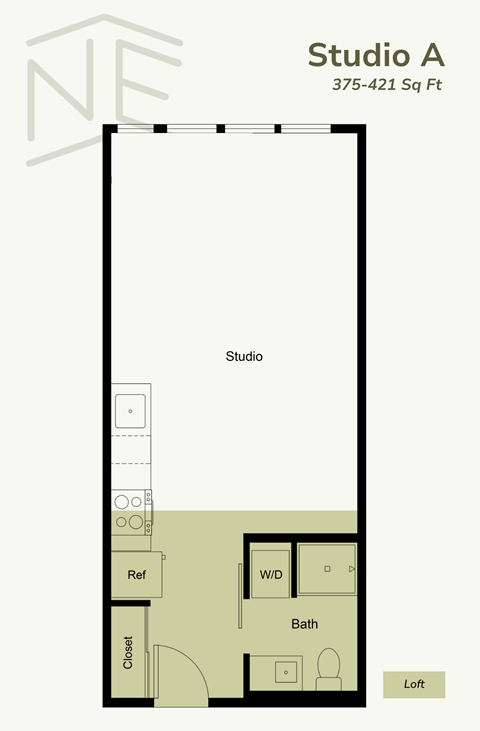 Floor plan for studio, 1 bath, 429 sqft